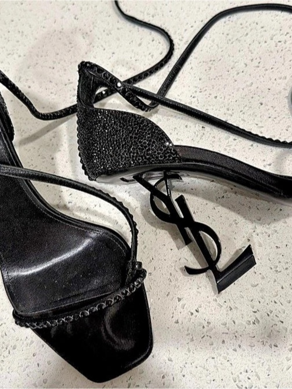 Saint Laurent Opyum Crystal-Embellished Ankle Strap Sandals Black Strappy Heels